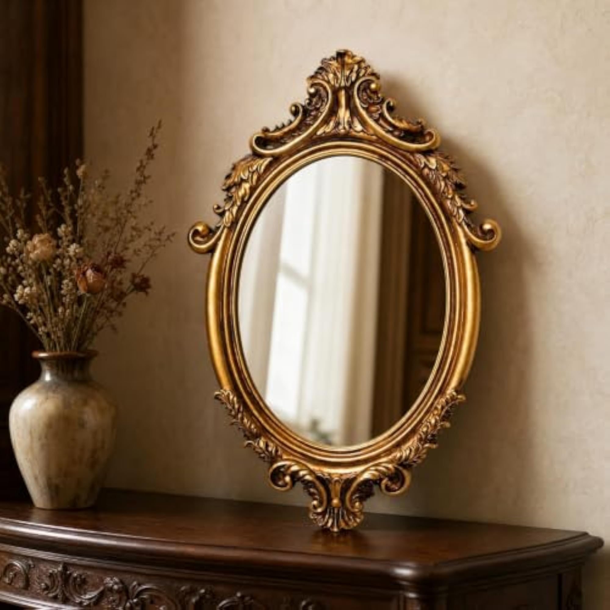 Elegant Baroque-Style Oval Mirror with Gold Resin Frame