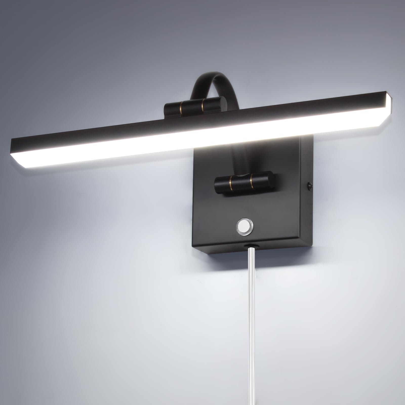 MantoLite 15inch LED Dimmable Bathroom Vanity Wall Light Fixture, 6000K 8W Cabinet Picture Lights, Black Make-up Mirror Front Light Ajustable Arm Bedside Reading Lamp, Pulg in Display Wall Sconce