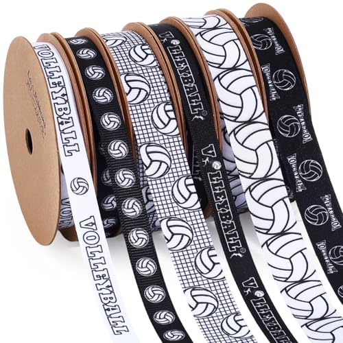 LaRibbons Volleyball Ribbon Set 6 Rolls 30 Yards Total Black White Grosgrain Volleyball Themed Printed Ribbons for Hair Bows Gift Wrapping Team Party Decorations DIY Sewing Supplies