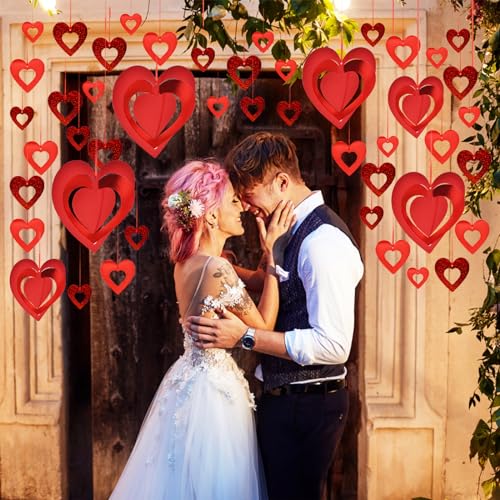 Image of 46 Pcs Valentine's Day Hanging Heart Ornament Decorations, Red Love Glitter Swirl Hollowed Heart Decorations for Tree Ceiling Romantic Bridal Shower, Wedding, Engagement, Anniversary