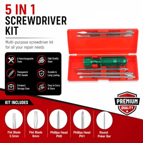 Image of SPARTAN BS-01 Eco 5-in-1 Pc Screw Driver Kit With 2 Flat Blades, 2 Phillips Head, 1 Round Poker Bar, Neon Bulb | Multi-purpose Tool Set (Green)