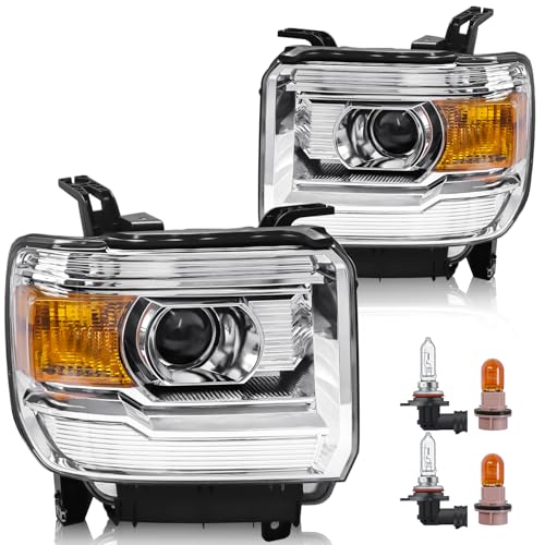 Headlight Assembly Compatible with GMC Sierra 2014-2018 1500 | 2015-2019 2500HD/3500HD Base/Denali/SLE/SLT Halogen Headlamp Replacement W/O LED DRL With Bulbs Chrome Housing Amber Reflector