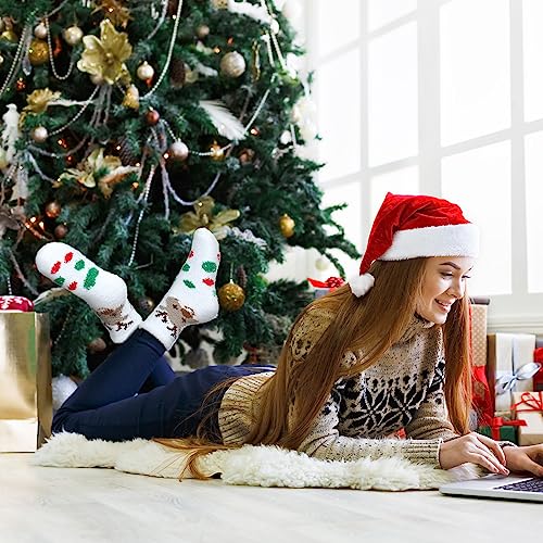 Image of Whaline Christmas Fuzzy Socks for Women Girls Gifts Plush Slipper Socks Elk Snowman Gingerbread Man Santa Claus Pattern Soft Socks Xmas Red Green White Warm Socks, 6Pairs