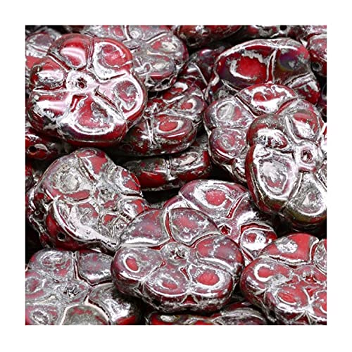 6 pcs Pressed Czech Glass Beads Flower Primrose 15 x 15 mm, Red