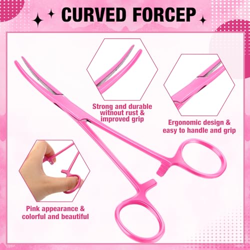 Image of BBTO Hemostat Curved and Straight Hemostat Forceps Piercing Pliers Forceps, Stainless Steel Straight and Curved Pliers, Fishing Tweezer(Pink,2 Pcs)