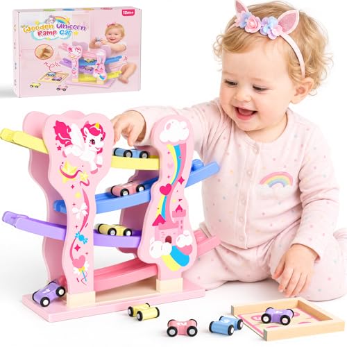 Toyzey Wooden Toys Cars Ramp Race Tracks Unicorn Gifts for Girls Age 1 2 3 Year Olds Girl Gifts for 1 2 3 Year Olds Toddler Toy Age 1 2 Montessori Toys for 1 Year Old Birthday Gifts Baby Toy Pink