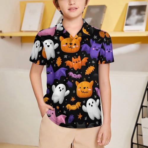 Boys' Classic Polo Shirts Short Sleeve Moisture-Wicking Golf & Tennis Shirts for Youth Teens Halloween Cartoon Ghost2