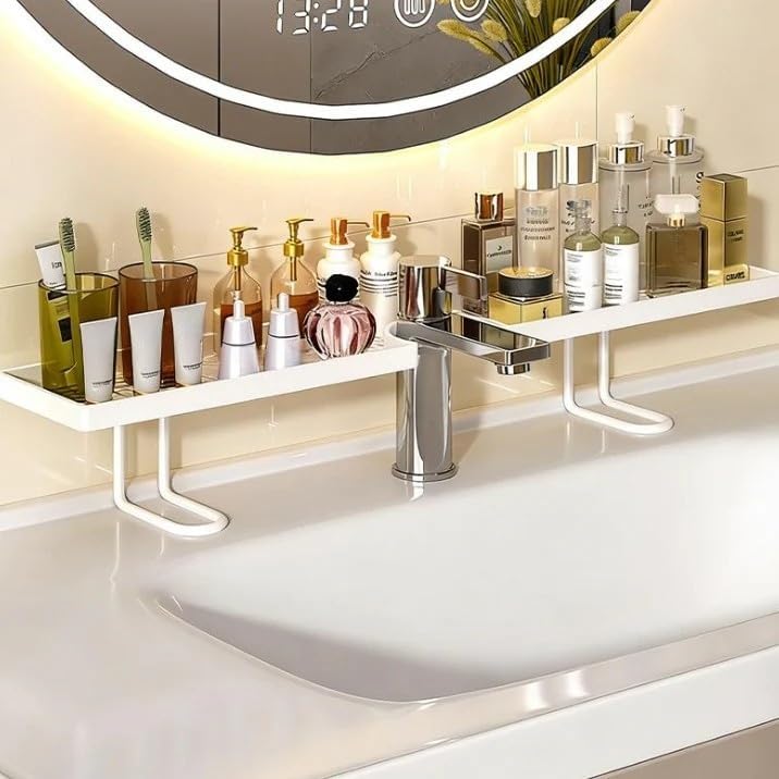 WEERSHUN No-Drill Sink Organizer Rack – Freestanding Carbon Steel Faucet Storage Shelf, Over Sink Shelf, Tool-Free Organizer, Space-Saving Bathroom Countertop Organizer, Easy Drainage (Black)