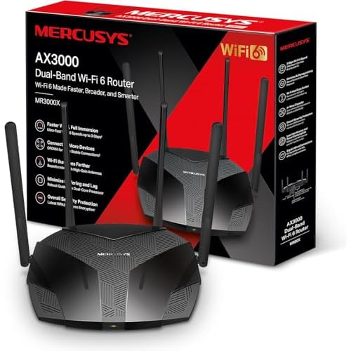 Mercusys TP-Link MR3000X AX3000Mbps Router WiFi 6 Dual-Band, 4 Porta Gigabit, 2402Mbps su 5 GHz e 574Mbps su 2,4 GHz, 4 Antenne Ad Alto Guadagno, OFDM