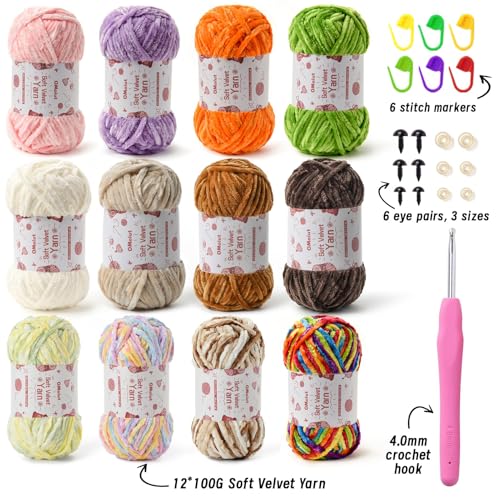 Image of 12 Pack Chenille Chunky Yarn - Baby Yarn for Crocheting Soft - Red Purple Green Pink Gray Blue Black White Velvet Yarns Crochet Blanket - Amigurumi Yarns Pack with Crochet Accessories G