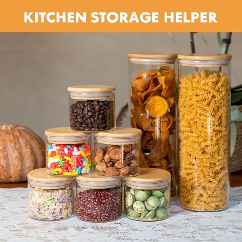 Image of 650ML Glass Food Storage Jars Containers, Set of 6 Storage Jar with Airtight Bamboo Lids Kitchen Glass Canisters For Coffee, Flour, Sugar, Candy, Cookie, Spice (Round 650 ML, Set of 6)