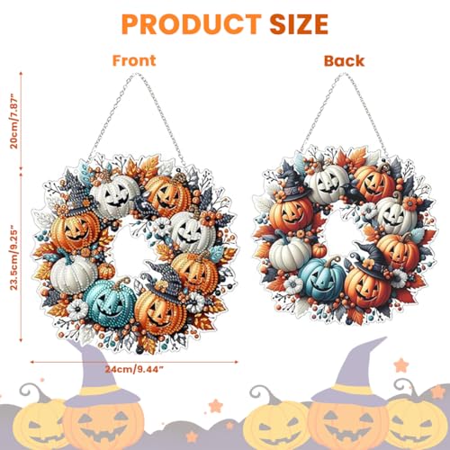Image of PATPAT DIY Halloween Ornament Diamond Art Craft Kit, 9.4'' Dia Door Hanging Ornament, Classic Pumpkin Design, DIY Diamond Art Wreath for Halloween Room Decor, Party