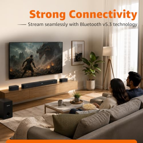Image of Amazon Basics 500W Soundbar with Subwoofer & Surround Speakers, 5.1 Channel Dolby Digital Home Theatre System for TV, 6.5 inch BassDriver, HDMI ARC, Optical, Bluetooth 5.3, USB, AUX, Remote Control, Black