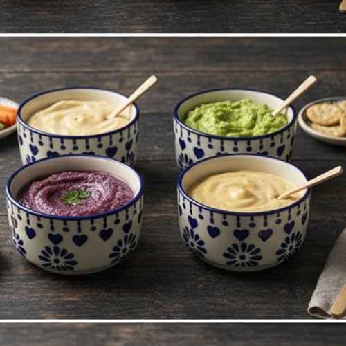 Image of Freakway Indigo Blossom 4-Piece Ceramic Dipping Bowl Set, Blue and White, Microwave & Dishwasher Safe, Decorative Heart and Flower Pattern