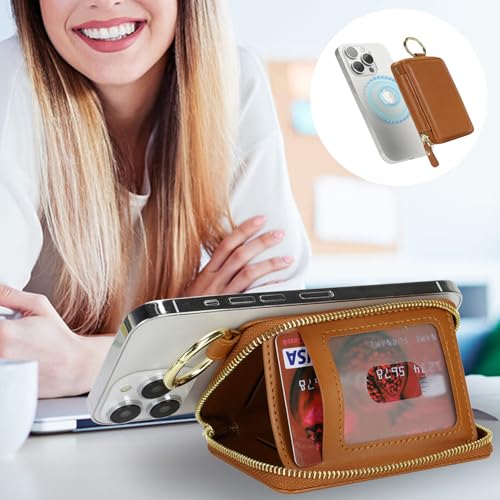 Image of Compatible with MagSafe Wallet,Magnetic Phone Wallet Card Holder for iPhone 17 /16 Pro Max /15 plus /14 Pro /13 /12 Series,PU Leather Zipper Pocket Adjustable Stand-Brown