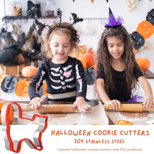 Halloween Cookie Cutters Set 5 Piece Halloween Biscuit Cutters Stainless Steel with Protective PVC Edge - Pumpkin, Bat, Ghost, Cat and Witch Hat - Image 2