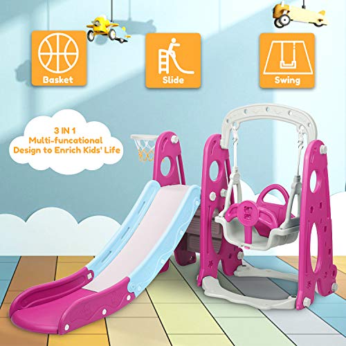 BAHOM 3 in 1 Climber Slides Playset for Boys Girls Indoor and Outdoor Play, Kids Climber with Slide and Swing for Toddlers, Ages 6 Months to 6 Years Old (Rose)