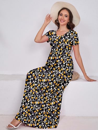 Image of DEARCASE Maxi Dress for Women Short Sleeve Casual Summer Loose Plain Comfy Long Dresses with Pockets