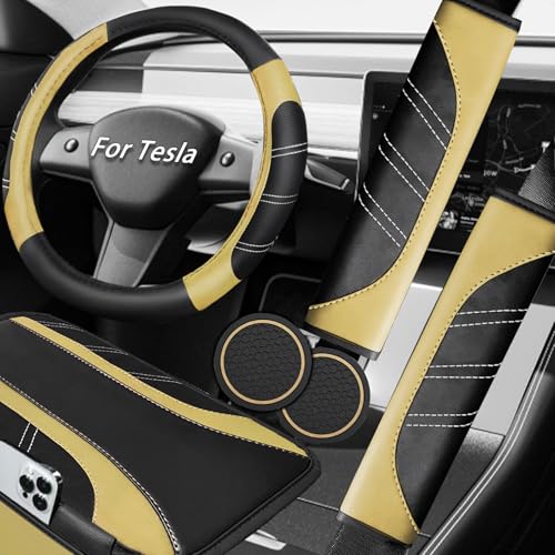 Accessoires voiture Tesla Model Y et 3 : housse console centrale et couvre-volant cuir noir-beige