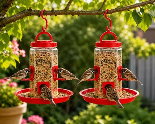 Image of Hanging Bird Feeder for Garden & Balcony, 1 Litre Weatherproof Bird Food Dispenser with 4 Feeding Ports, 360 Perch Feeding Station for Outdoor & Indoor Use (Red) Pack of 2