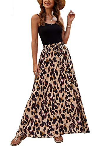 Bluetime Women Lightweight Summer Maxi Skirts Chic Elastic High Waisted Leopard Print Boho Long Skirts (L, Floral3)