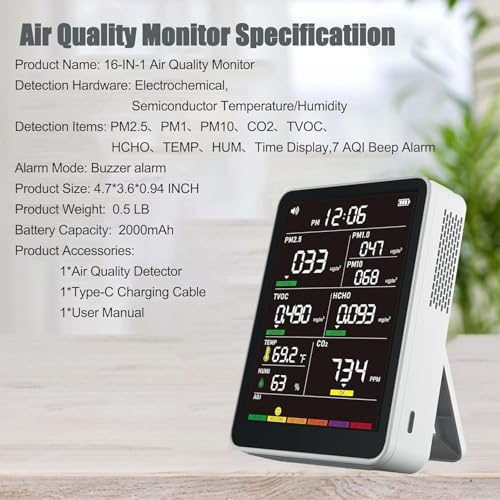 Professional Indoor Air Quality Monitor with AQI, Portable Real-Time Detector for Home Cars Plants and Pets (White)