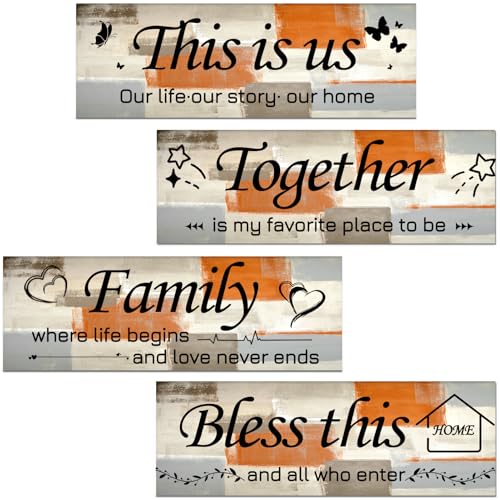 Lnond 4 Pieces Orange Abstract Living Room Wall Decor, Motivational Home Family Rustic Wall Art Decor for Bedroom Living Room, Rustic Wooden Farmhouse Home Decor, 12 x 4 Inch