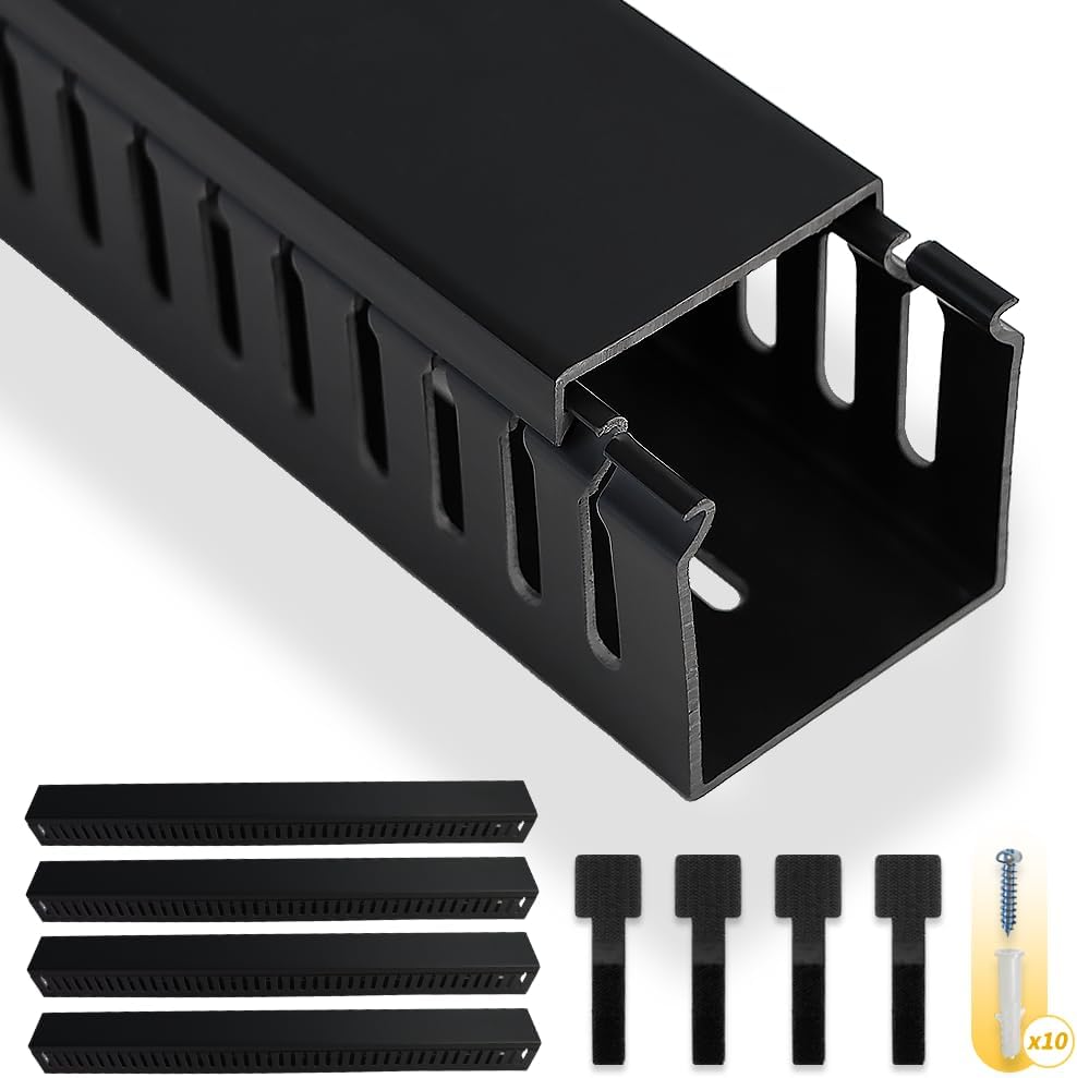 Cable Raceway, 95" Open Slot Cable Management Kit with Upgraded Snap Structure,Wire Cover Cord Hider for Under Desk&Industrial Network/PC/TVs- 23.6" X 1.97" X 2.4" X 4PCS (LWH,Black)