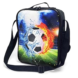 Insulated Lunch Bag for Girls&Boys, Kids Lunch Box, Soccer Lunch Bag with Shoulder Strap, School Bento Lunch Box for Kids Toddlers Teens, Black White Football Reusable Cooler Thermal Meal Tote Kit