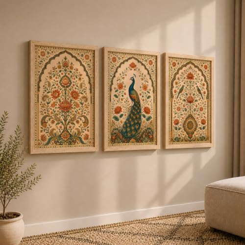 Image of NoWorries Peacock Wall Art Set of 3 Framed Prints | Indian Traditional Floral Botanical Painting, Royal Peacock & Bird Poster, Vintage Rajasthani Ethnic Wall Decor for Living Room Bedroom Home (Synthetic Engineered Wooden Frame) (MIN -12, 17x25 inches)