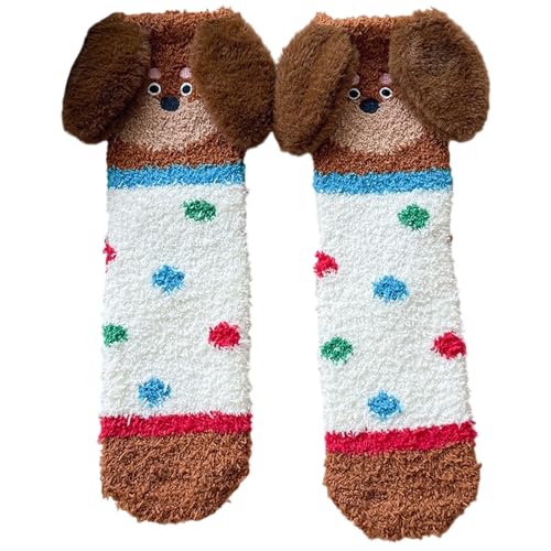YCHUCH Chaussettes d'hiver chaudes et élastiques avec oreilles de chien de dessin animé - Chaussure polaire pelucheuse pour la maison - Chaussette essentielle pour le sommeil - Pour femme - En polaire