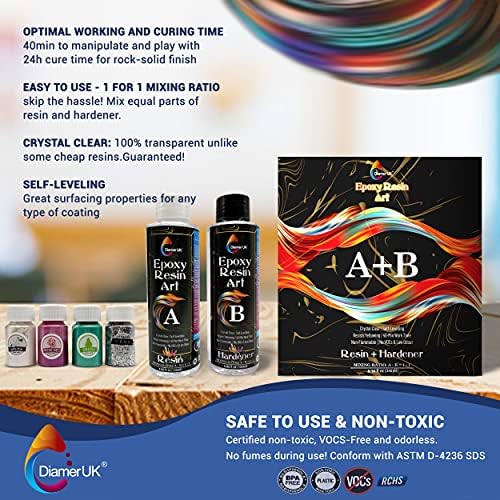 Diamer UK® Epoxy Resin Kit - 240ml Crystal Clear Resin kit Beginner with Mold, mica Powder pigments, Graduated Cups, Frosted Rod. Epoxy Resin and Hardener for Jewellery Making Art Craft Wood Table