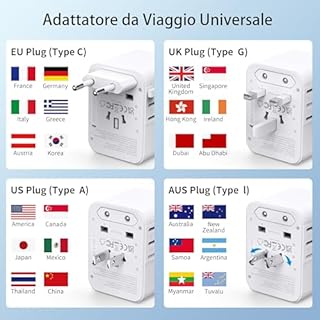 Adattatore Universale da Viaggio, Presa Universale da Viaggio con 2 USB A 2 Type-C,Adattatore Spina Internazionale per Americana USA Giapponese UK Inglese Australia Messico Tailandia,Viaggio