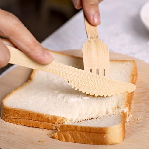 Miniatura 8 de Banbu Utensilios de bambú - 2400PK cuchillos compostables de bambú desechables cuchillos de viaje 100% biodegradables renovables cubiertos naturales