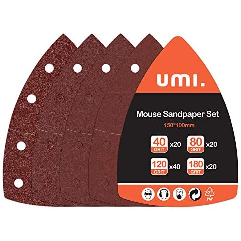 Amazon Brand - Umi 100-Piece Sanding Sheets Sandpaper, Mouse Sander Paper for Multi-Sanders Bosch Multi-Sander PSM 100A, Including 40, 80,120,180 Grits Cover