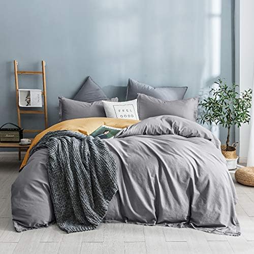 SHALALA Cotton Comforter Sets,Warm Full/Queen Comforter Bedding Set,Gray Washed Soft Breathable Comforters for All Seasons,Cotton Fabric with Poly Fill(Grey/Yellow,3 Pieces)
