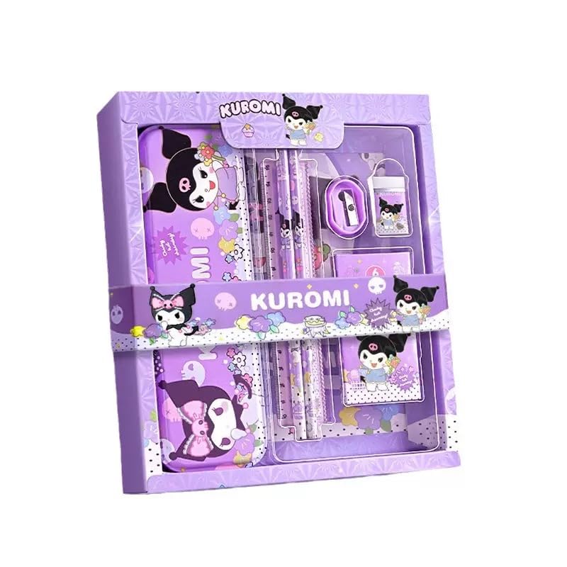 Kuromi My Melody Stationery Set, 2025, New Entrance, Kuromi, Gift Box, Set of 12, Stationery Set, Notebook, Pencil Case, Pencil, Ruler, Pencil Sharpener, Eraser, Crayon, School Supplies Set (Purple) :