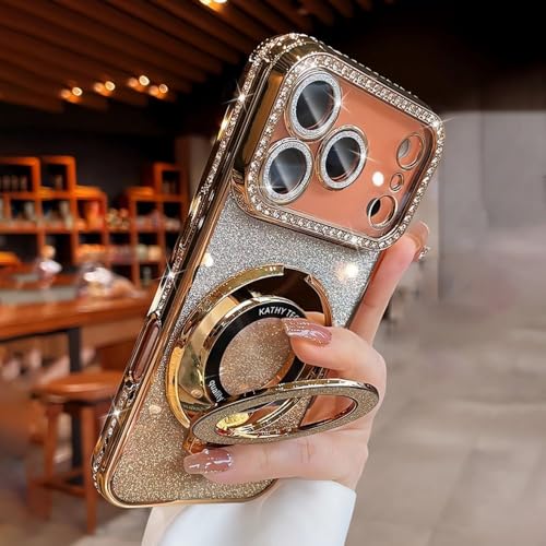 Coque plaquée ornée de strass rose pour iPhone 17 Pro Max avec support magnétique - 2