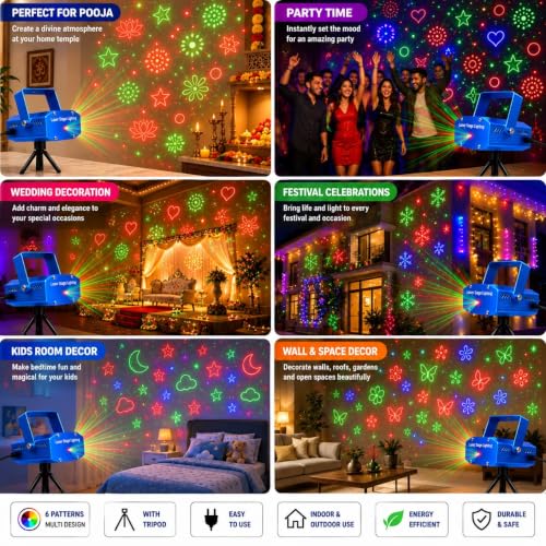 Image of Laser Light Machine with Tripod Stand, Sound Activated Multi-Pattern Magic Light for for Diwali,Ganpati, Navratri,Christmas, Birthday,Wedding,DJ Party & Home Decoration