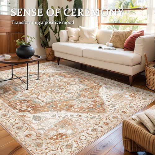 Boho Area Rug 6x9 Washable Large Vintage Rug for Living Room Bedroom Office Kitchen Entrance Dining Room Non Slip Soft Low-Pile Farmhouse, Caramel/Beige/Multi