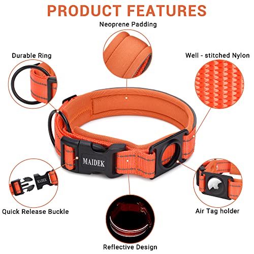 Maidek Airtag Dog Collar Holder - Heavy Duty & Thick Titanium Gps Tracker Holder, Reflective Nylon - Chewproof, Magnetic Dog Collar Tag With Leash, Poop Bag - Orange, Large Size 1.25X17-20 #TOP2