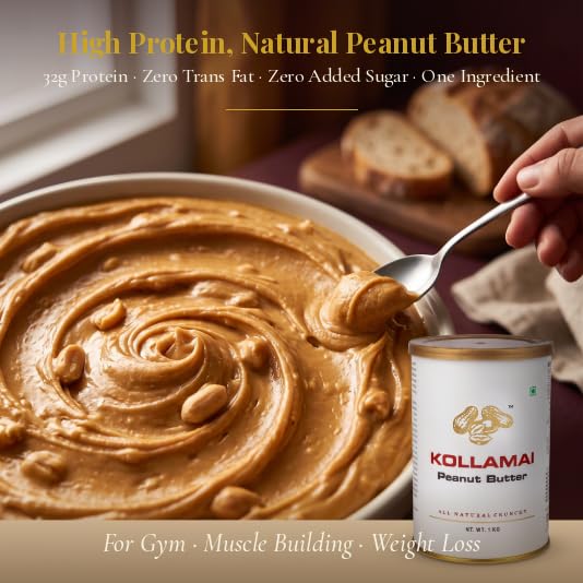 Image of KOLLAMAI Natural Peanut Butter Crunchy 1kg | Unsalted & Unsweetened | 100% Roasted Peanuts | 32g Protein | No Added Sugar or Oil | Vegan Spread | High Protein for Gym & Weight Loss (Pack of 1)