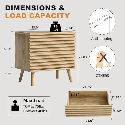 Image of BREEZEHEAT Fluted Dresser and Nightstand Sets 3 Piece-23 inch Wide End Table Set-Mid Century Modern Wood Bedside Table with 2 Large Drawers, Accent Side Table for Bedroom, Living Room, Natural Oak