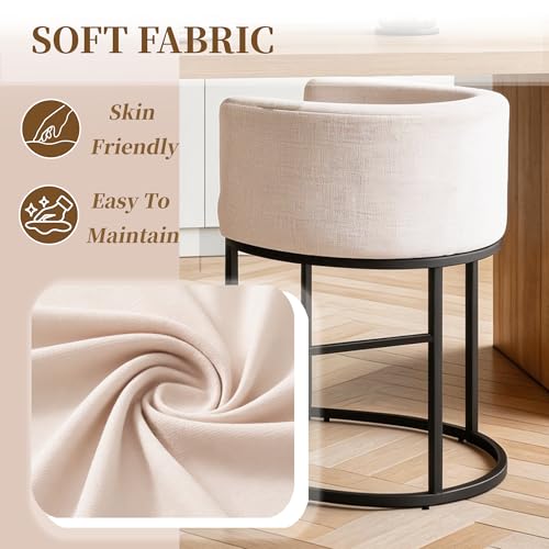 Image of 26 inch Counter Height Bar Stools Set of 2, Linen Fabric Upholstered Barrel Chairs with Back and Arms, Metal Frame Kitchen Island Stools with Footrest, Linen Fabric
