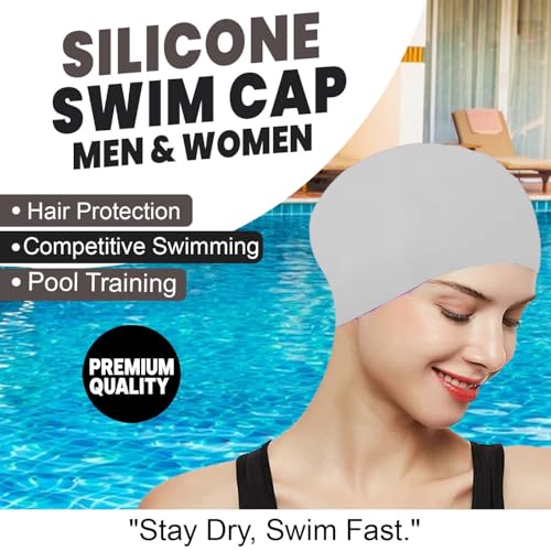 Image of GLAN Silicone Swimming Cap for Kids and Adults Waterproof Swimming Pool Cap for Women and Men (Grey)