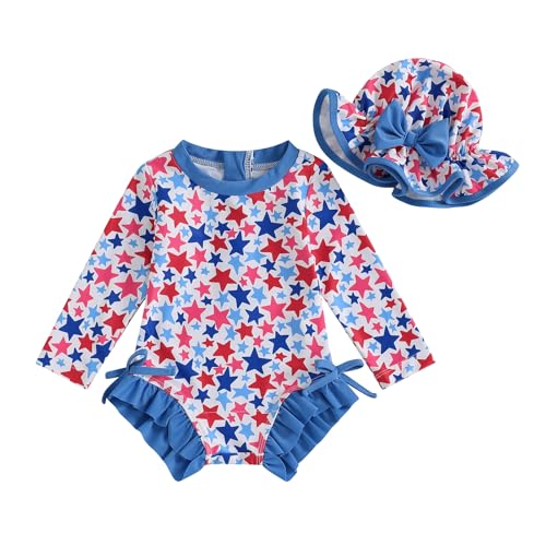 WASAIGOOD Infant 4th of July Swimsuit Baby Girl July 4th Bathing Suit Toddler Girl Long Sleeve Rash Guard Swimsuit with Hat (Stars, 9-12 Months)