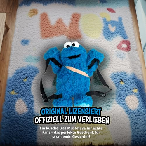 United Labels Sesamstraße Krümelmonster Rucksack 38 cm, 3D Plüsch Rucksack mit verstellbaren Gurten, Plüschtier blau