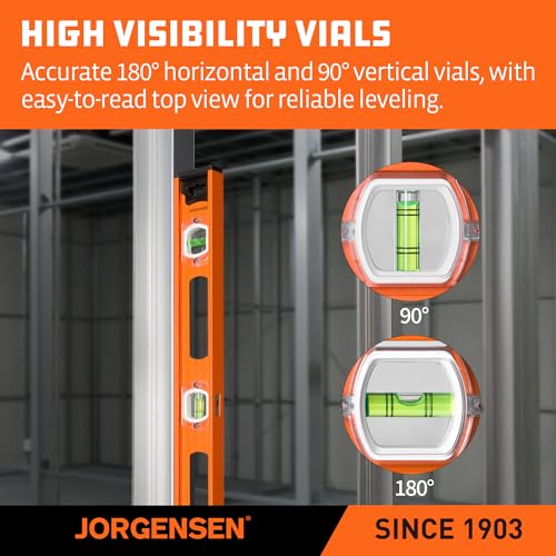Jorgensen 24 Inch Level – Magnetic Levels, I-Beam Leveler Tool with 90°/180° Vials, Spirit Level for Precision Leveling, V-Groove & Shockproof Rubber End Caps for Construction, Carpentry, Pipe Work - Thumbnail 4