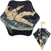 Mnsruu Whales and Astronauts Kid Umbrella UV Protection Windproof Stick Umbrella with Curved Handle for Girls Boys