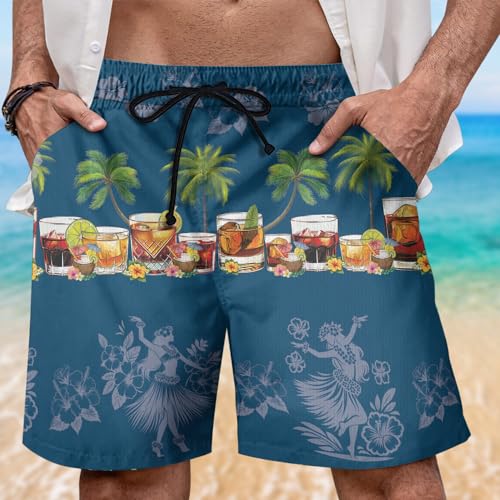 Tropical Drinks Mens Swim Trunks - Gentleman Hawaiian Mens Shorts Casual - Summer Drawstring Beachwear Shorts PA372